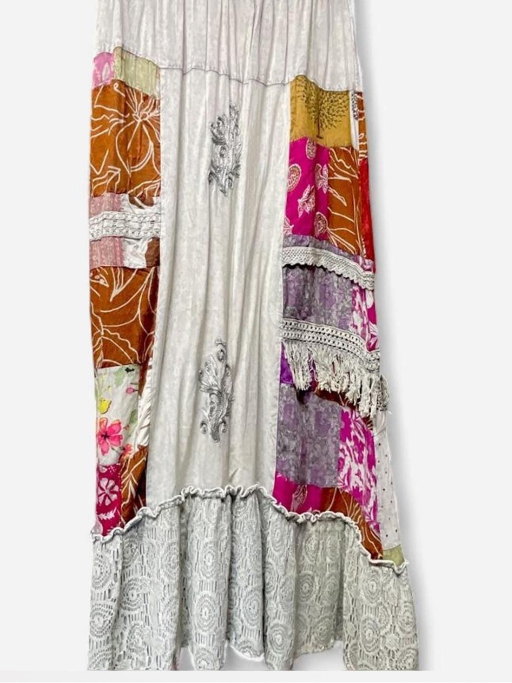 POL Boho Patchwork Maxi Skirt in Sage, Pink, Brown & Mustard - Picture 2 of 5